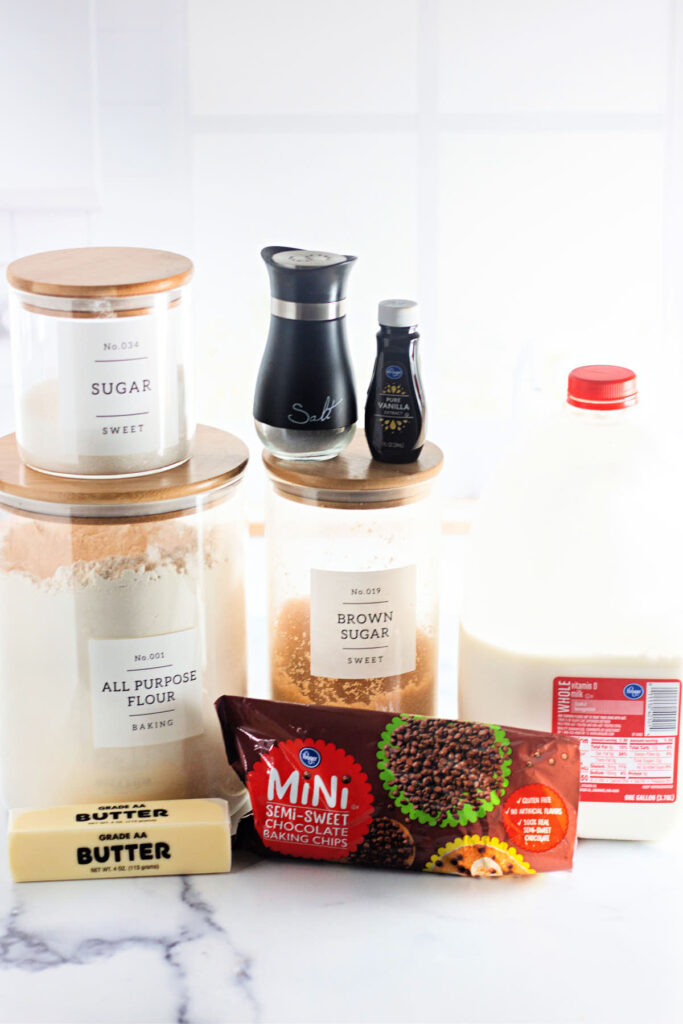 ingredients to make edible cookie dough with chocolate chips.